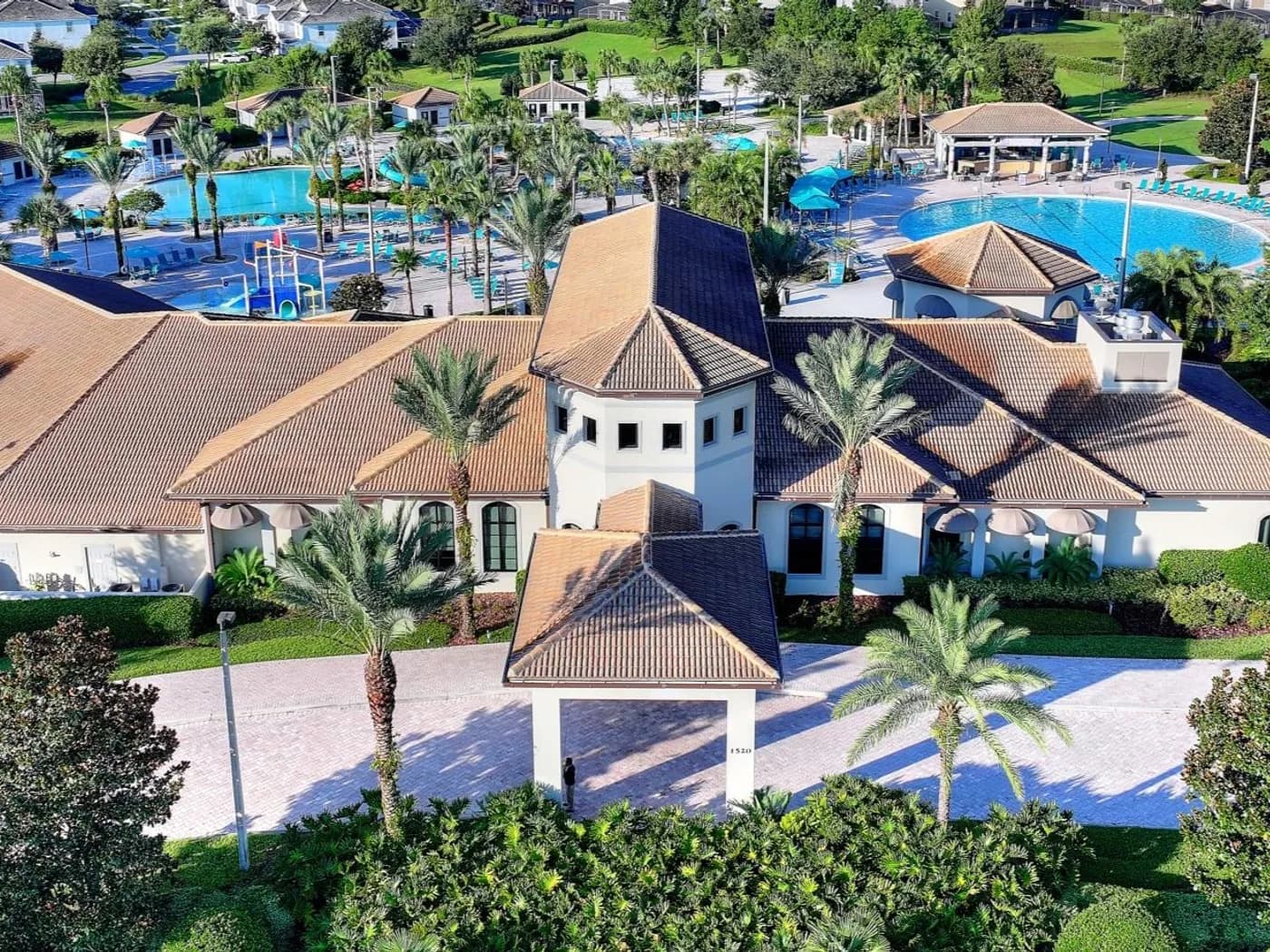 Aerial view of the Champions Gate clubhouse and resort pool area