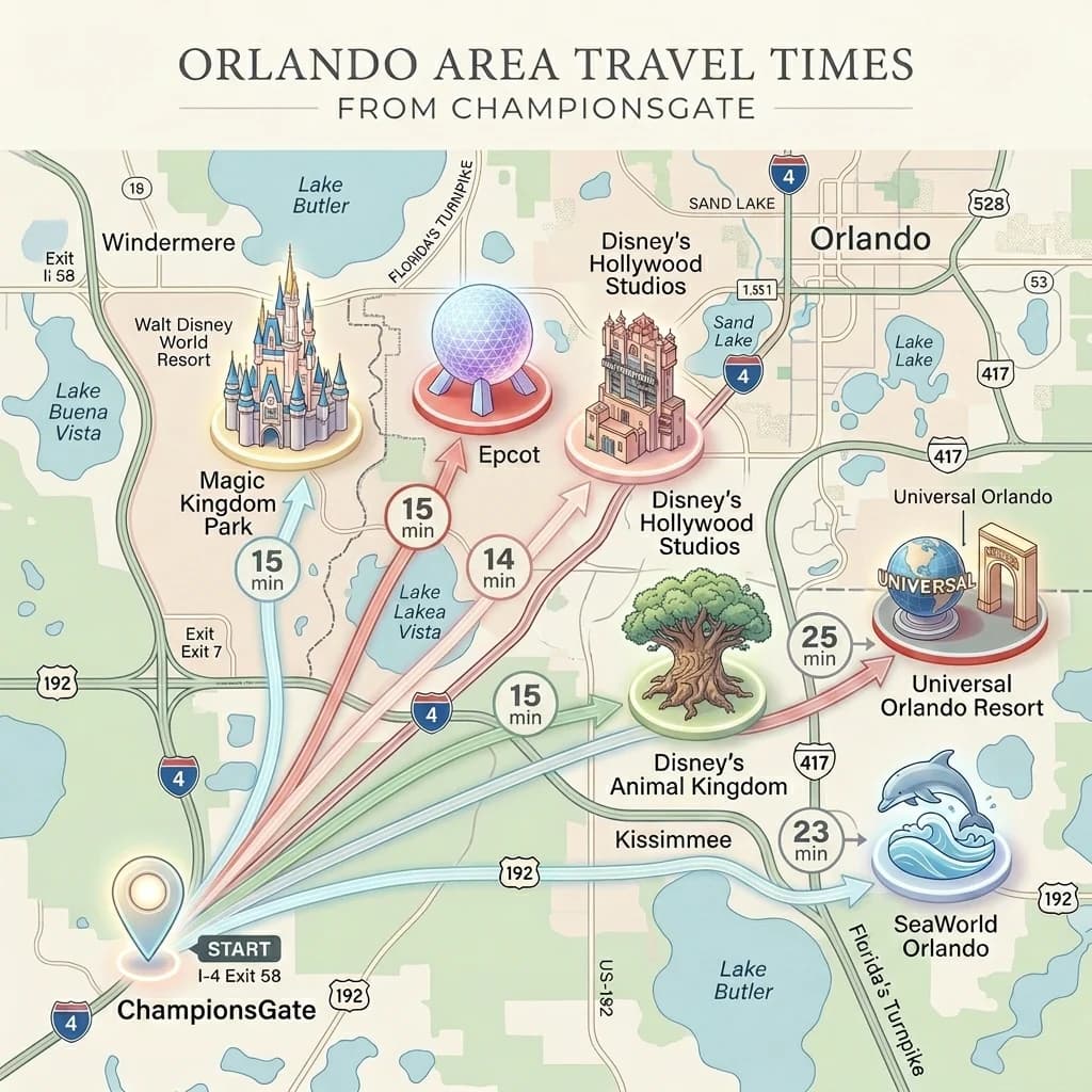 Orlando area travel time map from ChampionsGate to Disney World and nearby attractions